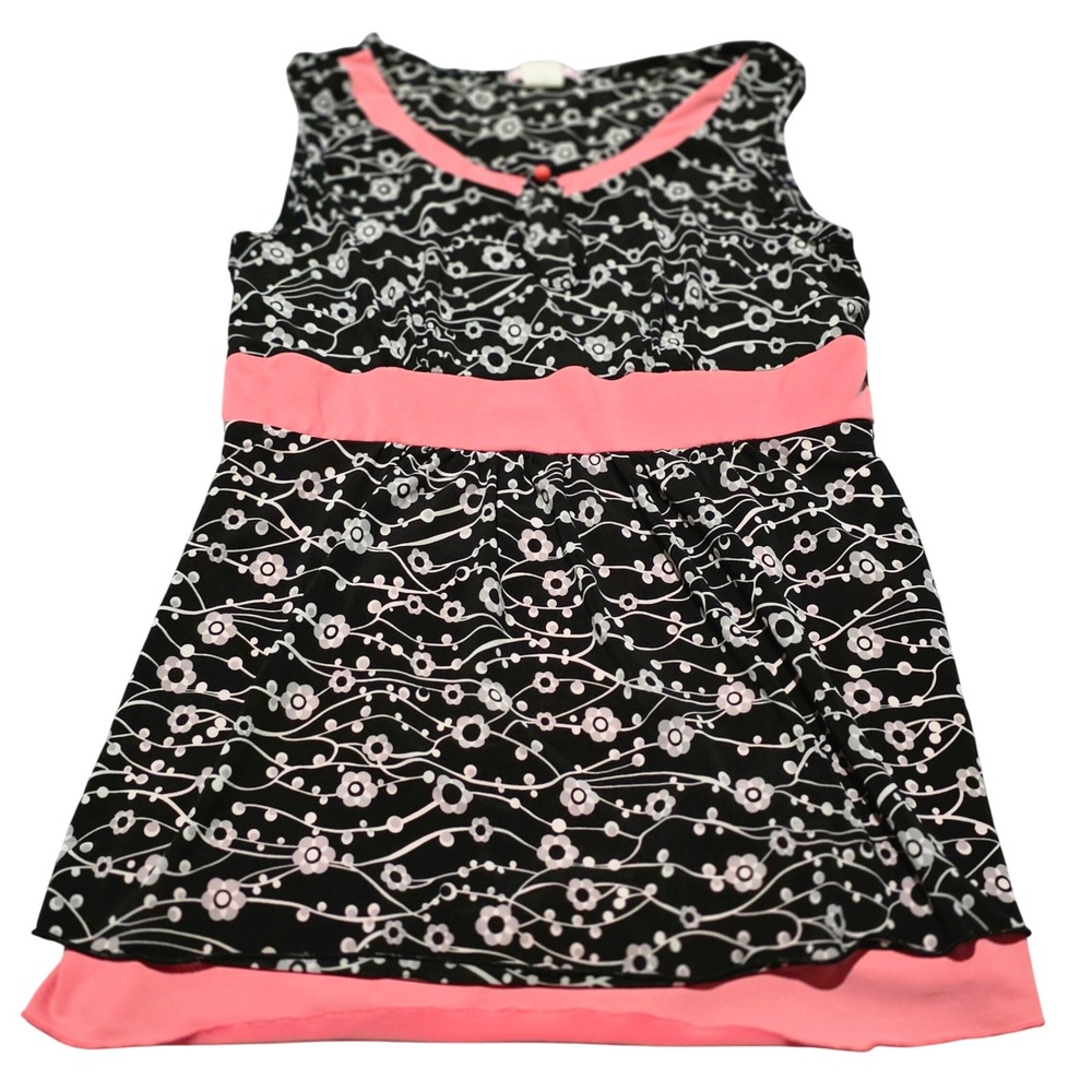 Y2K Vol 1 Black Floral Pink Trim Sleeveless‎ V Neck Tank Women's Size L